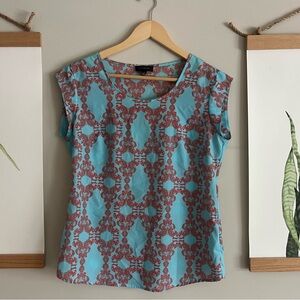 The Limited Blue and Brown Fitted Cap Sleeve Blouse